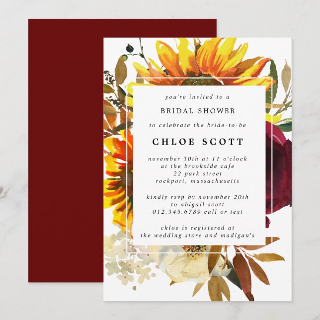 Invitación Flores de otoño ducha de novia (Anverso / Reverso)