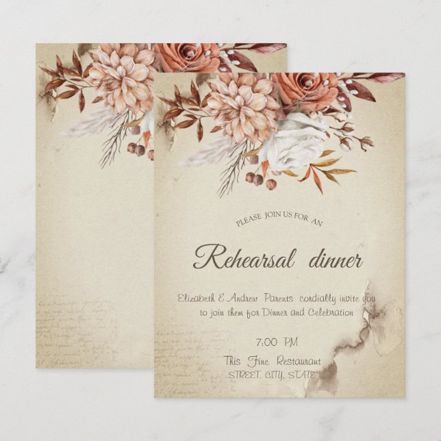 Invitación Flores de Otoño en Acuarela Chic Cena de Ensayo   (Anverso / Reverso)