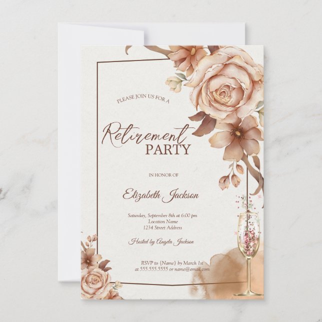 Invitación Flores de Otoño en Acuarela Cumpleaños con Champán (Anverso)