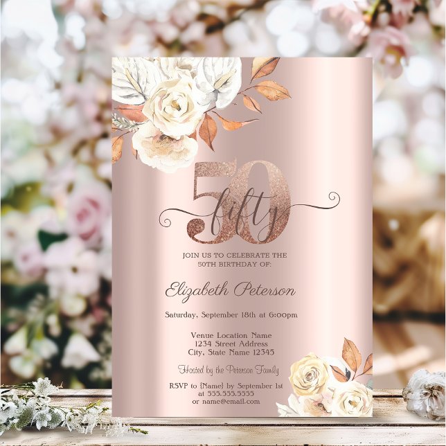 Invitación Flores de Otoño en Rosa Dorado Cumpleaños 50 (Subido por el creador)