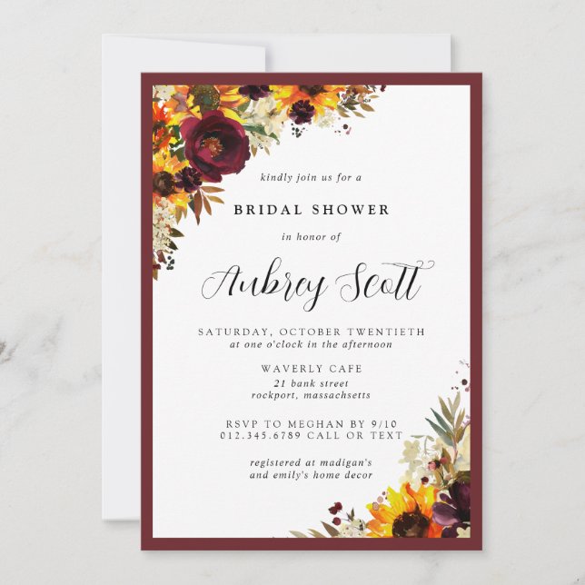 Invitación Flores de Otoño Girasol Rosa Despedida de Soltera (Anverso)