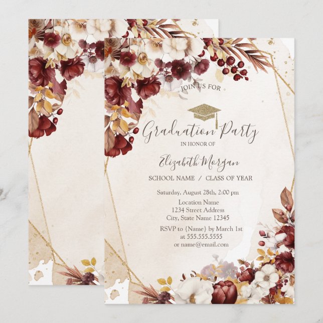 Invitación Flores de Otoño,Gorra de Graduación,Graduación  (Anverso / Reverso)