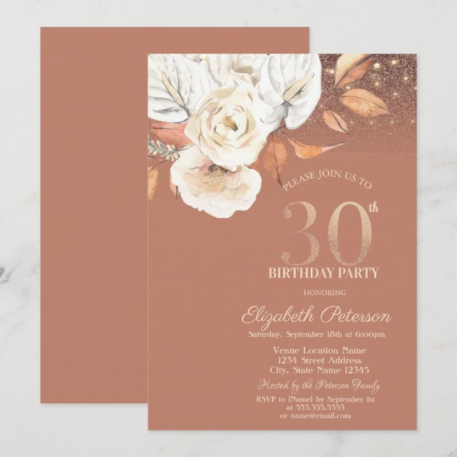 Invitación Flores de Otoño Luces Brillo Cumpleaños 30 (Anverso / Reverso)