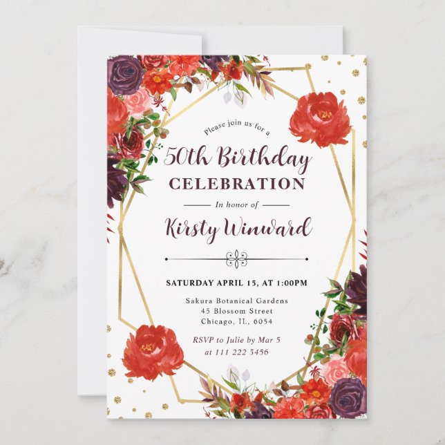 Invitación Flores de Otoño Naranjas y Marrones Cumpleaños 50 (Anverso)