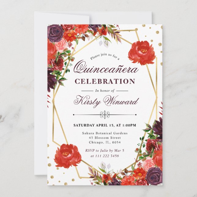 Invitación Flores de otoño naranjas y marrones Quinceañera (Anverso)