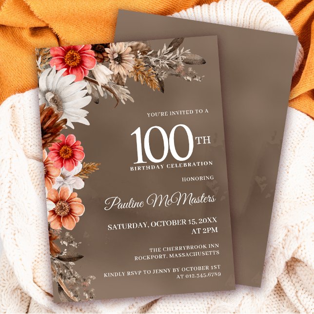 Invitación Flores de otoño neutra floral blanca 100 cumpleaño (Need a matching fall Welcome Sign? Message me!)