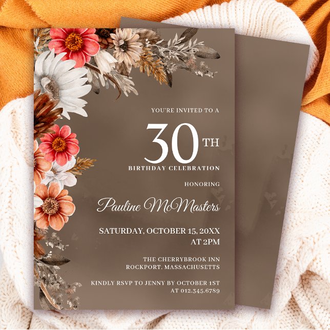 Invitación Flores de otoño neutra floral blanca 30 cumpleaños (Need matching party supplies and signs? Message me!)