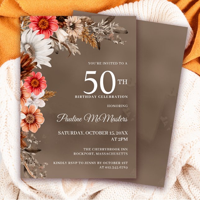 Invitación Flores de otoño neutra floral blanca 50 cumpleaños (Need matching Autumn signs or party supplies? Message me!)