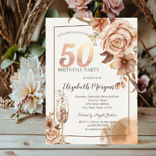 Invitación Flores de otoño, oro de vidrio de champagne 50