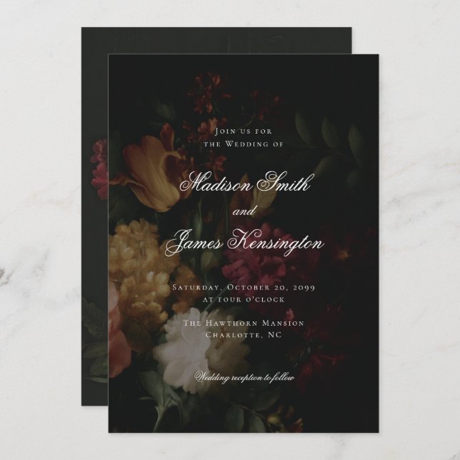 Invitación Flores de otoño oscuras caligrafía Boda negro (Anverso / Reverso)