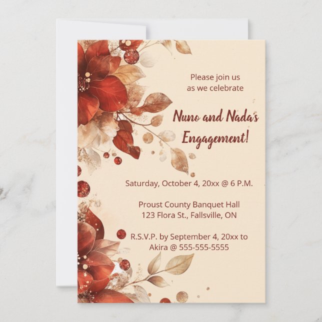Invitación Flores de Otoño Rojas Compromiso Editable (Anverso)