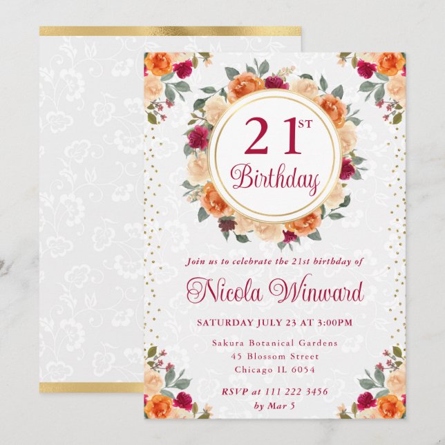 Invitación Flores de otoño rojas y Naranjas conmemoran el cum (Anverso / Reverso)