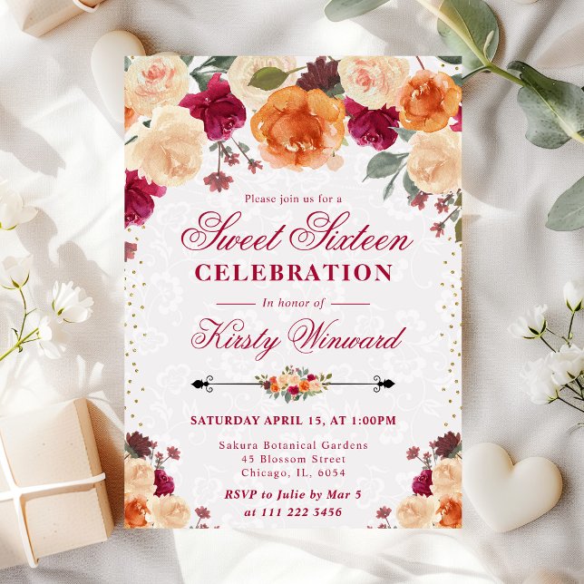 Invitación Flores de Otoño Rojas y Naranjas Dulces Dieciséis (Subido por el creador)