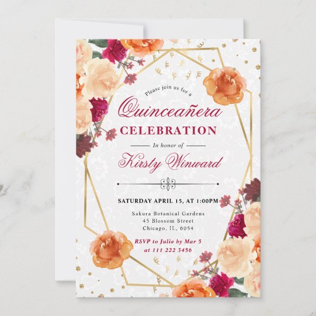 Invitación Flores de otoño rojas y Naranjas marco Quinceanera (Anverso)