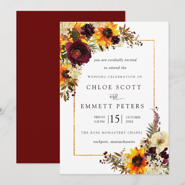 Invitación Flores de otoño Rosa de girasol Boda ruso (Anverso / Reverso)