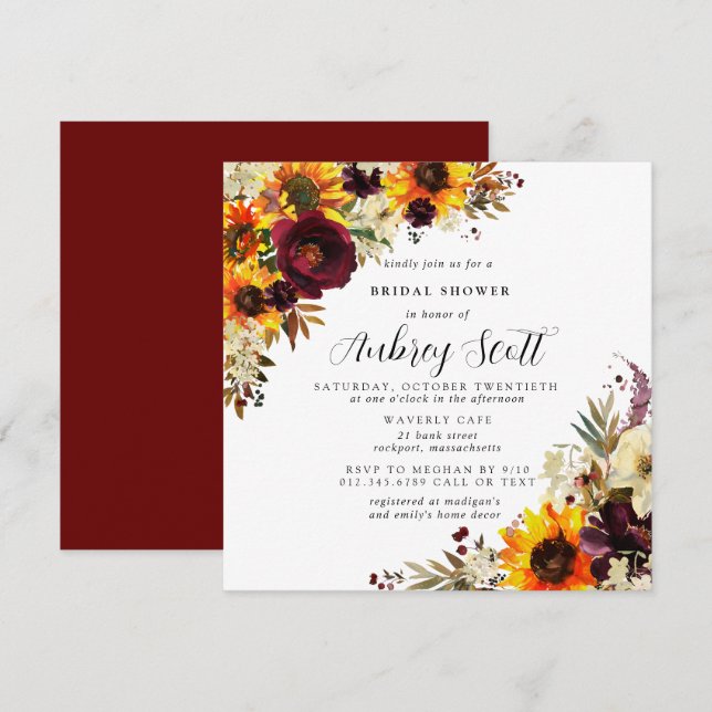 Invitación Flores de otoño Rosa de girasol ducha de novia (Anverso / Reverso)