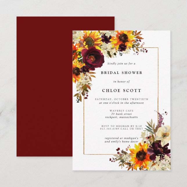 Invitación Flores de otoño Rosa de girasol ducha de novia (Anverso / Reverso)