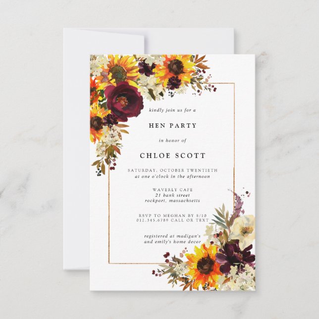 Invitación Flores de otoño Rosa de girasol Hen Fiesta (Anverso)