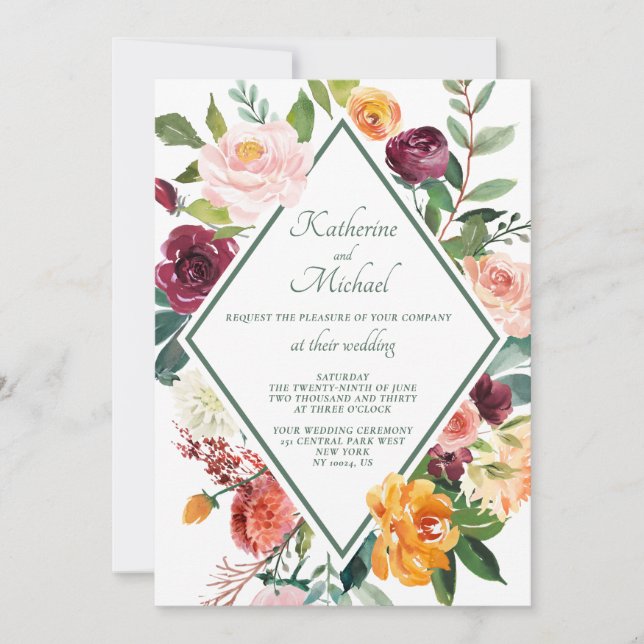 Invitación Flores de otoño rusas sage Green Boda (Anverso)