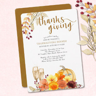Invitación Flores de Otoño Vino de Calabaza Cena de Acción de