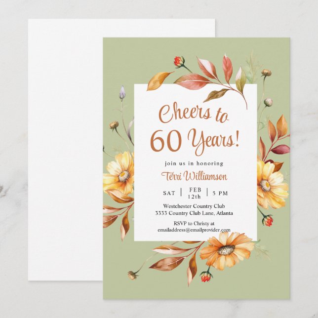 Invitación Flores de otoño vitorean a 60 años 60 cumpleaños (Anverso / Reverso)