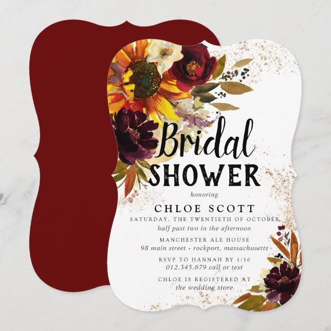 Invitación Flores de otoño y ducha de novias de oro (Anverso / Reverso)