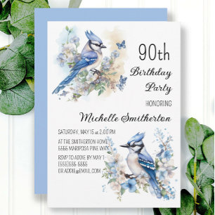 Invitación Flores de pájaro de Jay Azul Primavera 90º cumplea