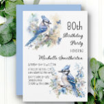 Invitación Flores de pájaro Jay Azul Flores Springtime 80th B<br><div class="desc">Invitación a la fiesta de cumpleaños 80 con pinturas de hermosos Blue Jays sentados entre flores en las ramas de un árbol. Contáctame para obtener ayuda con tus personalizaciones o para solicitar productos adicionales de correspondencias o coordinación de Zazzle para tu celebración.</div>