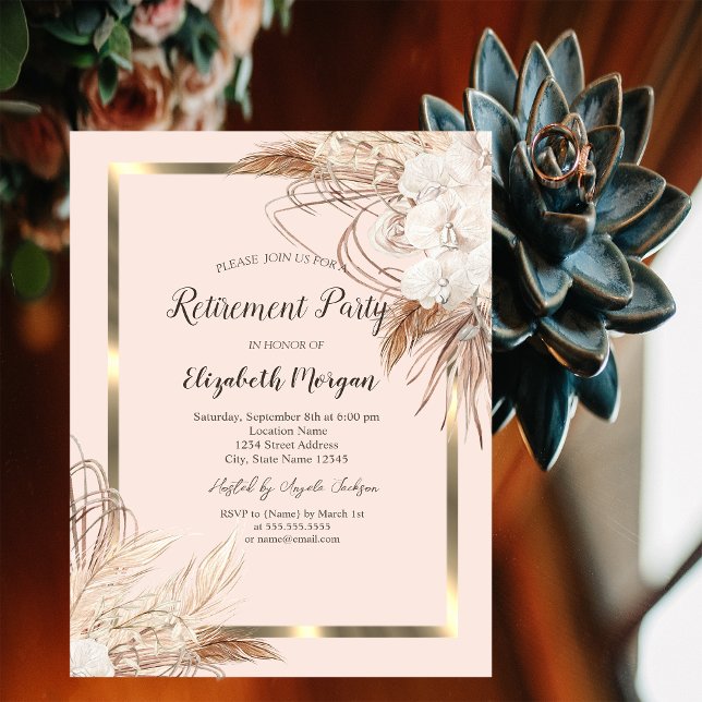 Invitación Flores de Pampas Boho, Jubilación de Copa de Champ (Subido por el creador)