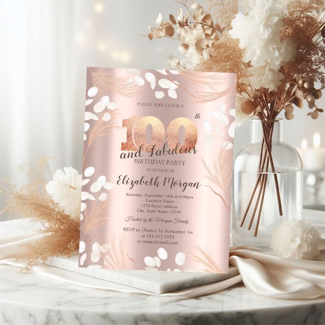 Invitación Flores de Pampas Boho Rosa Dorado Cumpleaños 100  (Subido por el creador)