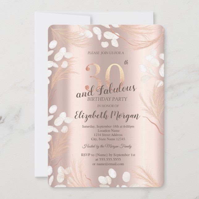 Invitación Flores de Pampas Boho Rosa Dorado Cumpleaños 30 (Anverso)