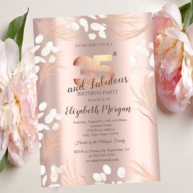 Invitación Flores de Pampas Boho Rosa Dorado Cumpleaños 35 (Subido por el creador)