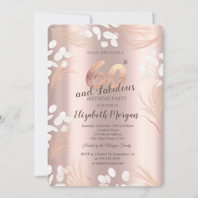 Invitación Flores de Pampas Boho Rosa Dorado Cumpleaños 60 (Anverso)