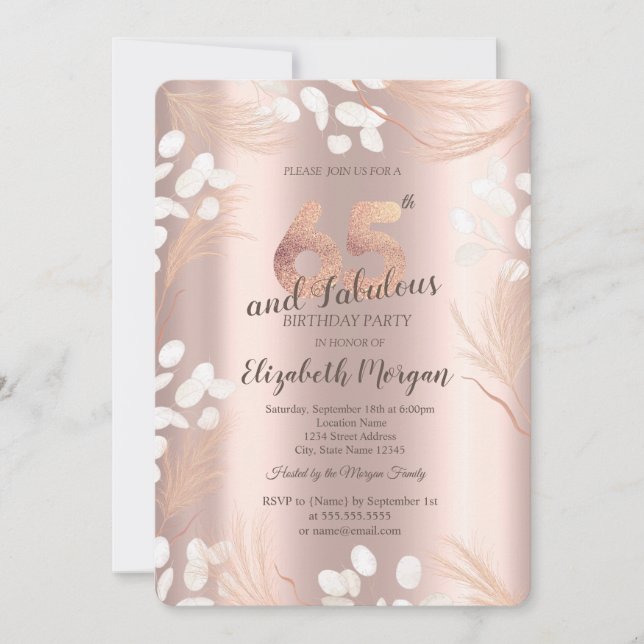 Invitación Flores de Pampas Boho Rosa Dorado Cumpleaños 65 (Anverso)