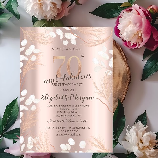 Invitación Flores de Pampas Boho Rosa Dorado Cumpleaños 70 (Subido por el creador)
