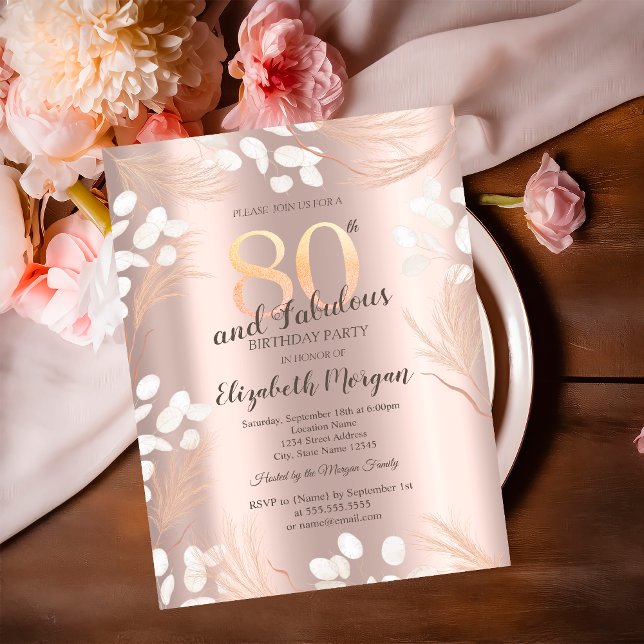 Invitación Flores de Pampas Boho Rosa Dorado Cumpleaños 80 (Subido por el creador)