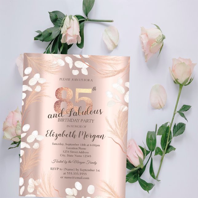 Invitación Flores de Pampas Boho Rosa Dorado Cumpleaños 85 (Subido por el creador)