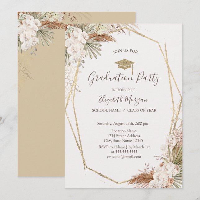 Invitación Flores de Pampas, Grad Cap, Graduación (Anverso / Reverso)
