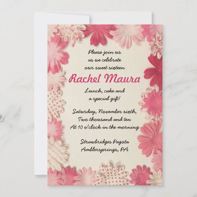 Invitación Flores De Papel Dulce Rosado Caliente Dieciséis In (Anverso)