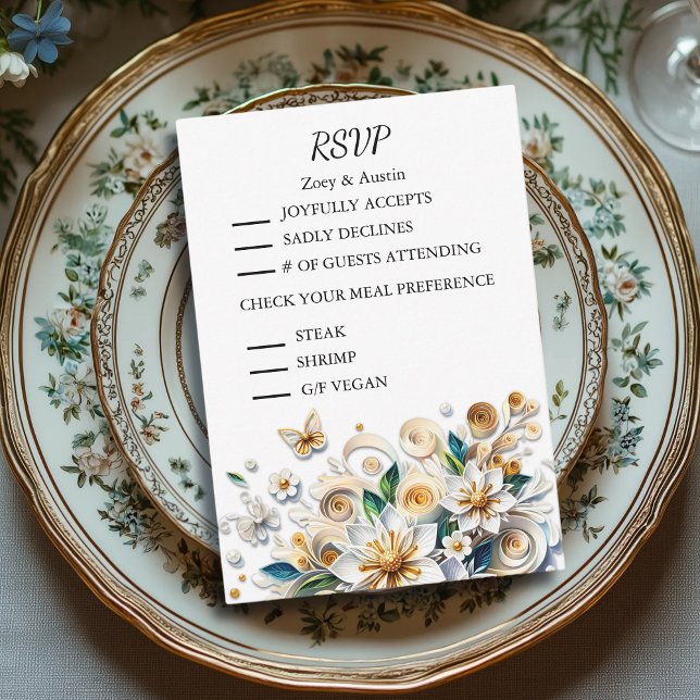 Invitación Flores de papel que acallan Boda RSVP y Comida (Subido por el creador)