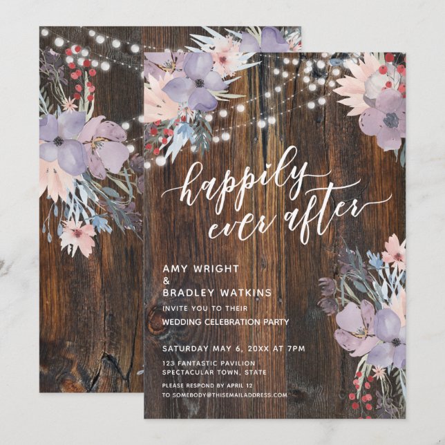 Invitación Flores de Pastel Rústico y Luces Por Siempre Felic (Anverso / Reverso)