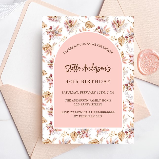 Invitación Flores de pasto de pampas rosa cumpleaños de lujo  (Subido por el creador)
