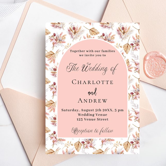 Invitación Flores de pasto rosa boda de boho de oro (Subido por el creador)