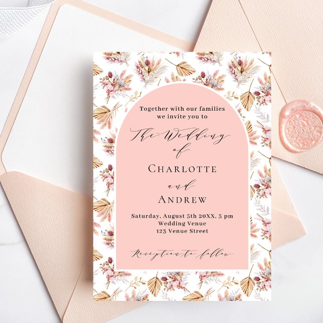 Invitación Flores de pasto rosa boda de guión de boho oro (Subido por el creador)