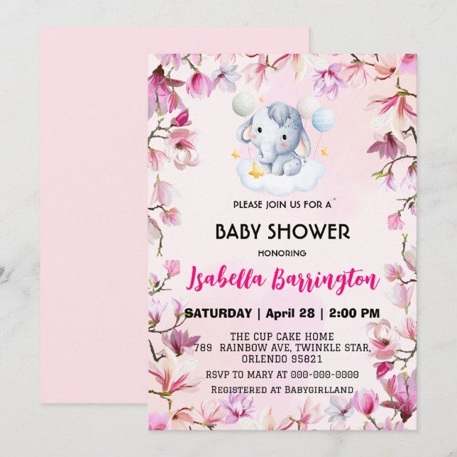 Invitación Flores de peine rosado de elefante cubano bebé duc (Anverso / Reverso)