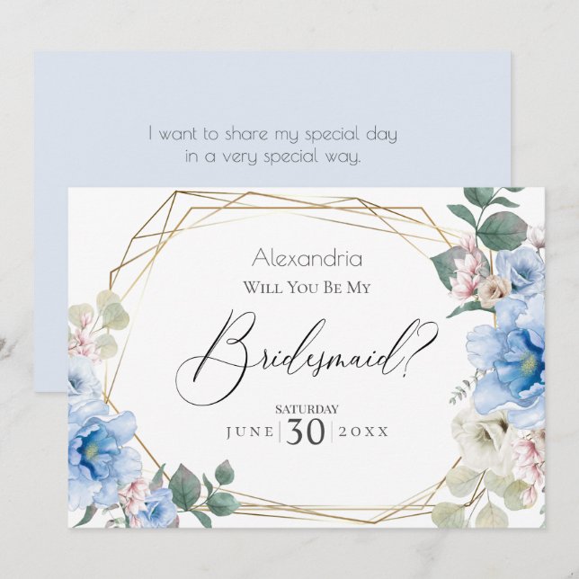 Invitación Flores De Peones Azules Serás Mi Novia (Anverso / Reverso)