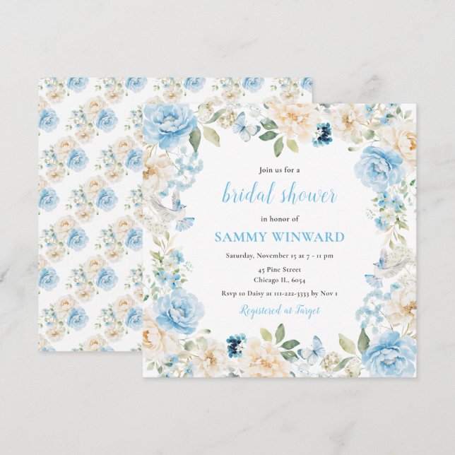 Invitación Flores de peones azules y blancos ducha de novias (Anverso / Reverso)