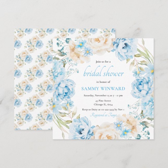 Invitación Flores de peones azules y blancos ducha de novias (Anverso / Reverso)