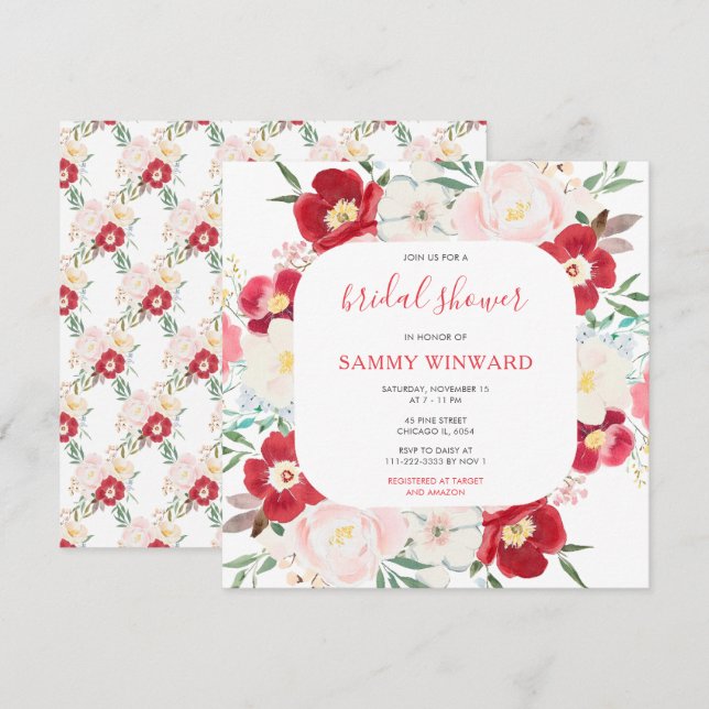 Invitación Flores de peones rosadas y púrpura ducha de novias (Anverso / Reverso)