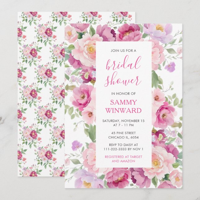 Invitación Flores de peones rosadas y púrpura ducha de novias (Anverso / Reverso)
